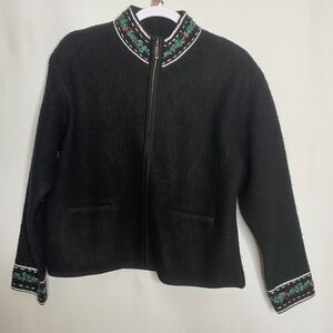 Alps 100% Wool Fulll Zip Black Cardigan Embroidered Holly Trim Detail Womens L